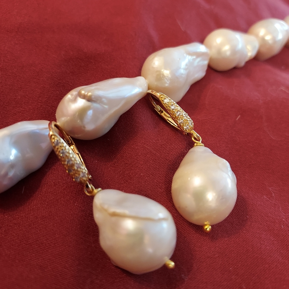 Large baroque white pearl dangle earrings